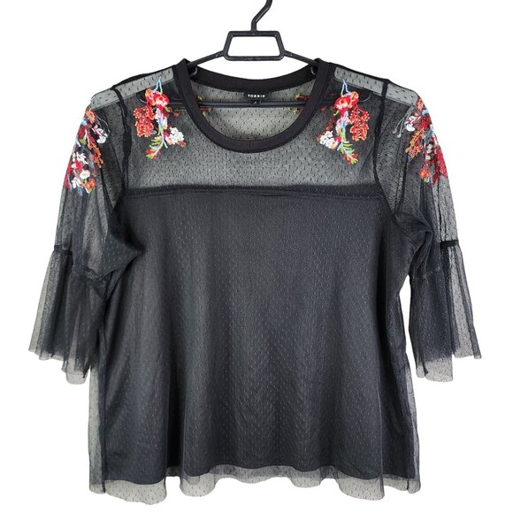 Womens Black Torrid Top Blouse Sheer Embroidered 3/4 Belle Sleeve Size 2 - Picture 2 of 12
